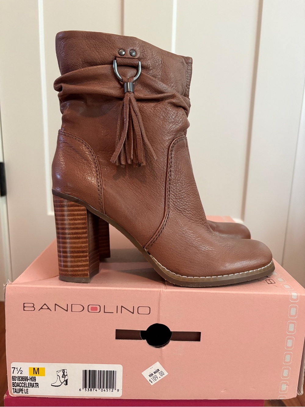 Bandolino Brown Leather Tassel Block Heel Ankle Boots